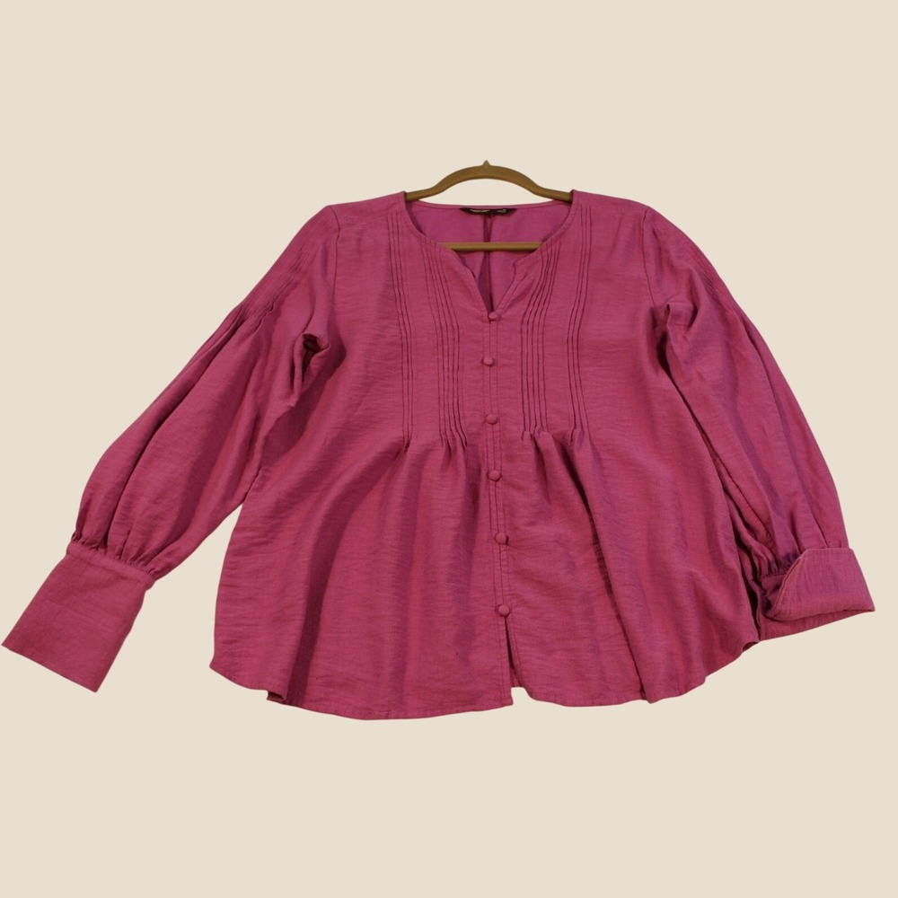 Simply Vera Vera Wang Womens M Pink Pintuck Blouse Long Sleeve V-Neck Top